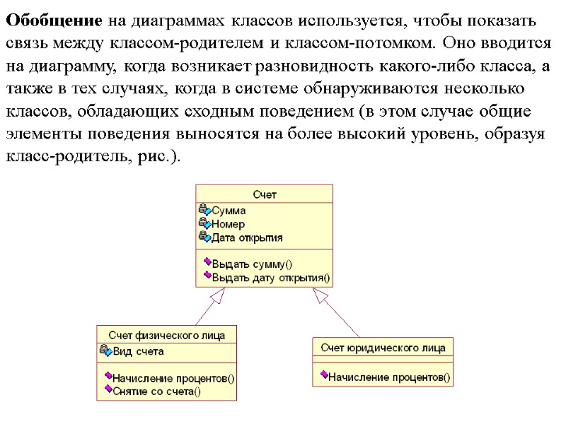 Обобщение на диаграммах классов используется, чтобы показать связь между классом-родителем и классом-потомком. Оно вводится